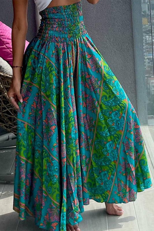 Elegante pantalón tipo A de cintura alta, holgado y con estampado floral