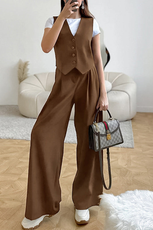 Conjunto informal de dos piezas con escote en V fruncido, sin mangas, color sólido y hebilla para uso diario