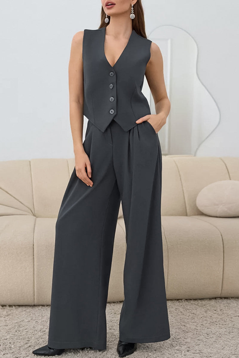 Casual Daily Buckle Ruched V Neck Sleeveless Two Pieces