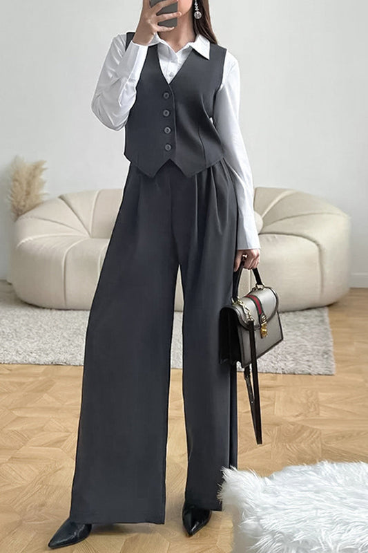Conjunto informal de dos piezas con escote en V fruncido, sin mangas, color sólido y hebilla para uso diario