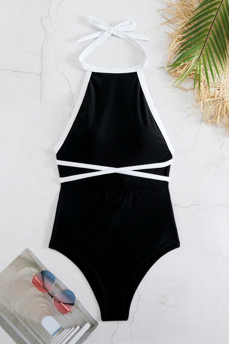 Traje de baño sexy de patchwork con espalda descubierta, cinturón y contraste (con relleno)