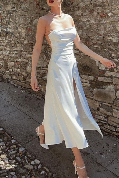 Vestidos sexys de color sólido con botones, abertura y escote en U fruncido