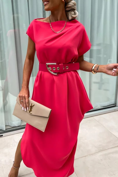 Vestido informal de calle, de color liso, sin cinturón, con cuello apilado irregular, falda de un solo paso, manga corta (sin cinturón) (4 colores)