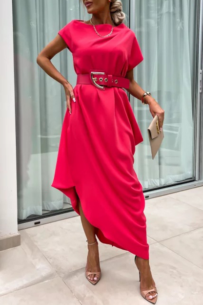 Vestido informal de calle, de color liso, sin cinturón, con cuello apilado irregular, falda de un solo paso, manga corta (sin cinturón) (4 colores)