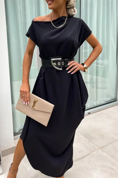 Vestido informal de calle, de color liso, sin cinturón, con cuello apilado irregular, falda de un solo paso, manga corta (sin cinturón) (4 colores)