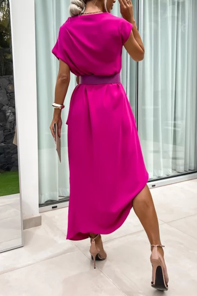 Vestido informal de calle, de color liso, sin cinturón, con cuello apilado irregular, falda de un solo paso, manga corta (sin cinturón) (4 colores)
