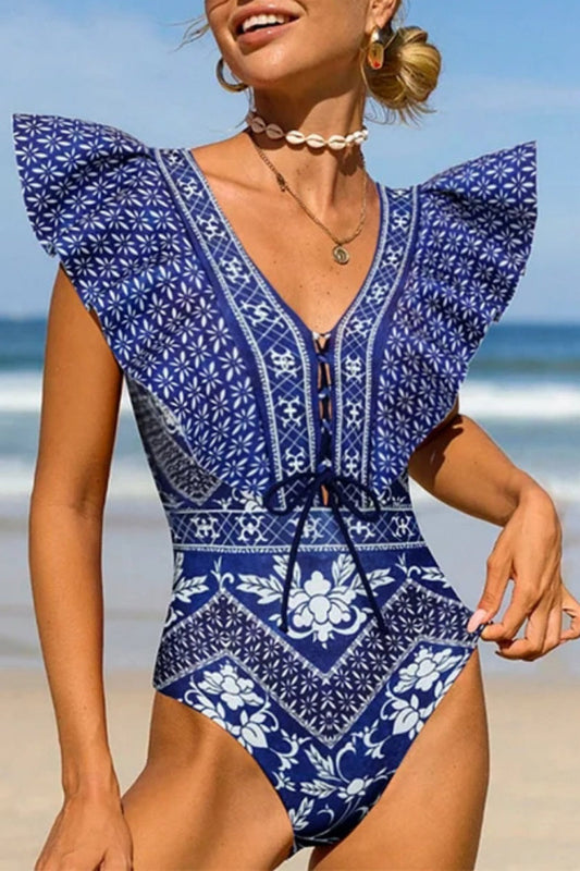 Traje de baño sexy con estampado de patchwork, espalda descubierta, cinturón y relleno