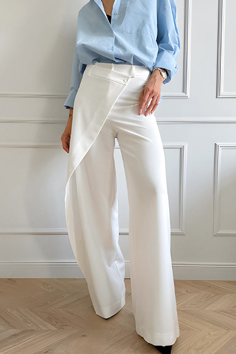 Pantalones casuales de color sólido con botones, cintura alta irregular, pierna ancha y color sólido para uso diario