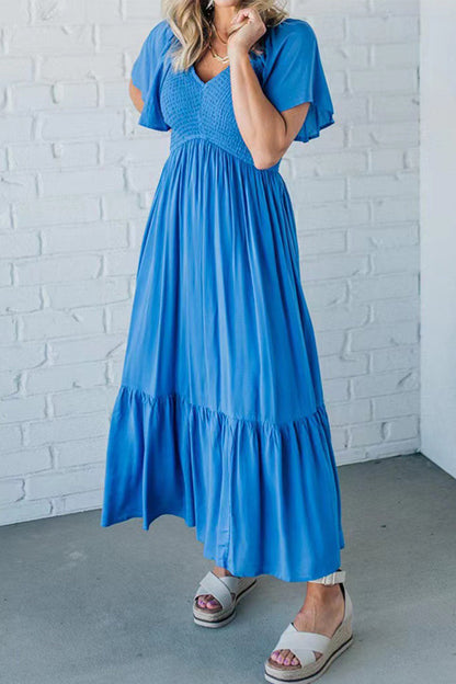 Vestido elegante de color liso con volantes, escote en V, corte A, manga corta (4 colores)