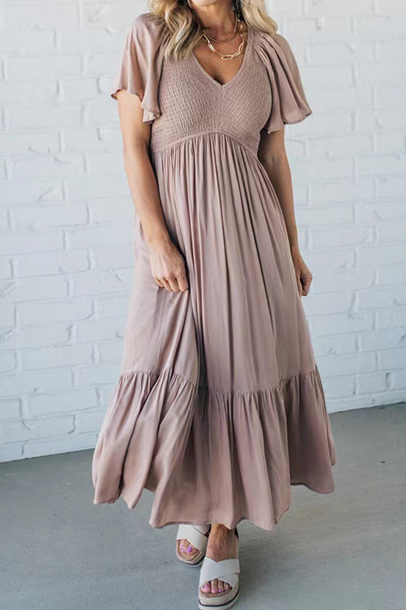 Vestido elegante de color liso con volantes, escote en V, corte A, manga corta (4 colores)