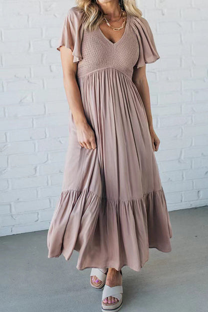 Vestido elegante de color liso con volantes, escote en V, corte A, manga corta (4 colores)