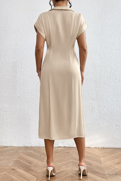 Vestido elegante de diario con botones fruncidos, escote en V irregular, falda y manga corta