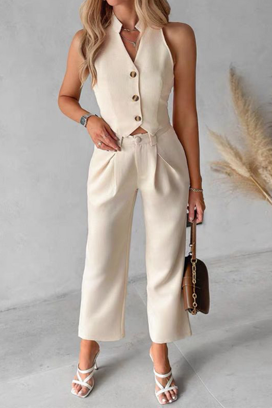 Conjunto informal de dos piezas con cuello en V, sin mangas, color sólido, bolsillos, botones y bolsillos