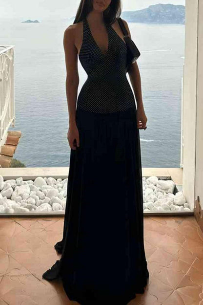 Vestidos largos sexis informales con estampado, espalda descubierta, cinturón y cuello halter