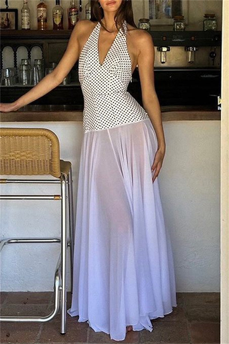 Vestidos largos sexis informales con estampado, espalda descubierta, cinturón y cuello halter