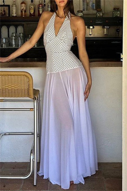 Vestidos largos sexis informales con estampado, espalda descubierta, cinturón y cuello halter