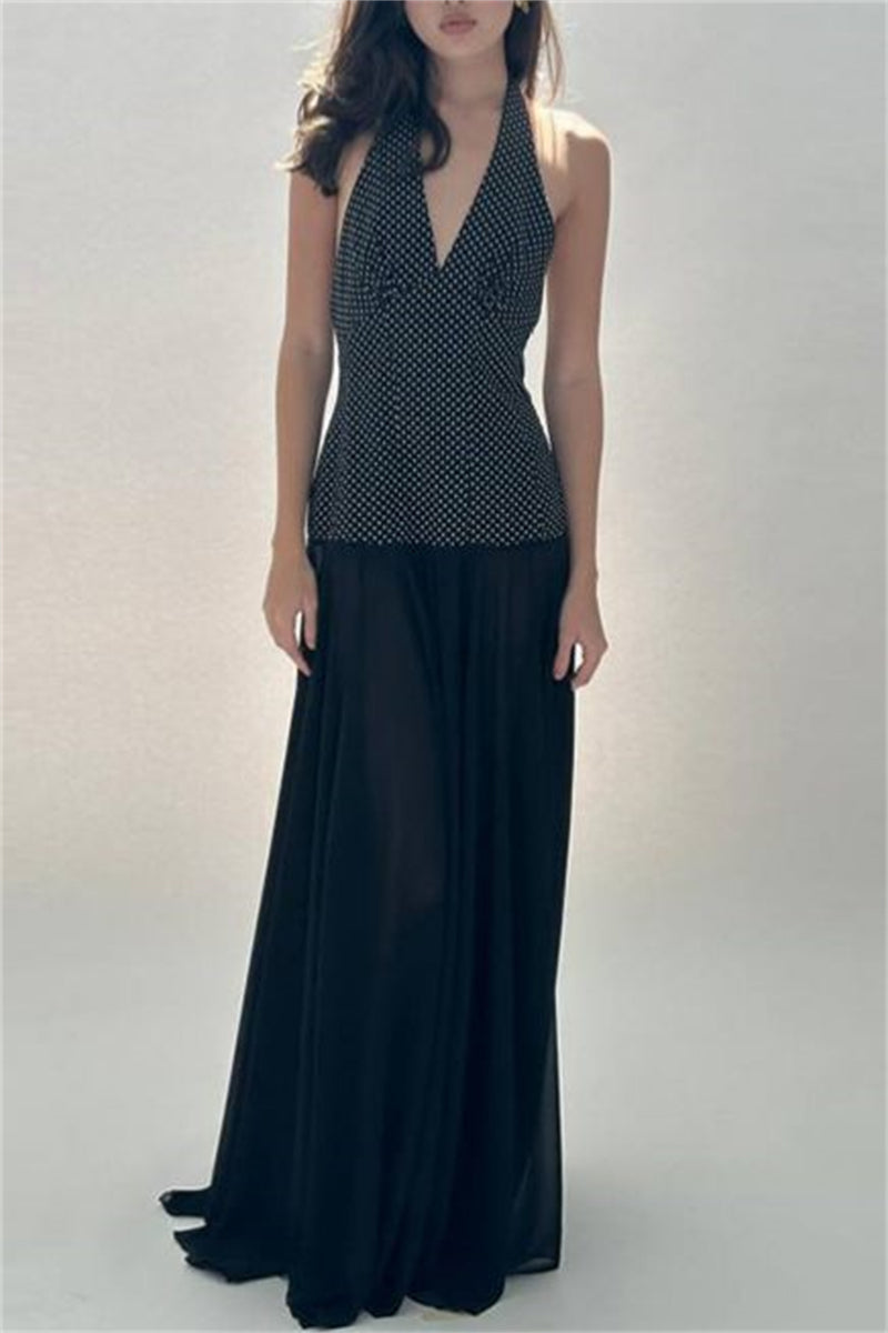 Vestidos largos sexis informales con estampado, espalda descubierta, cinturón y cuello halter