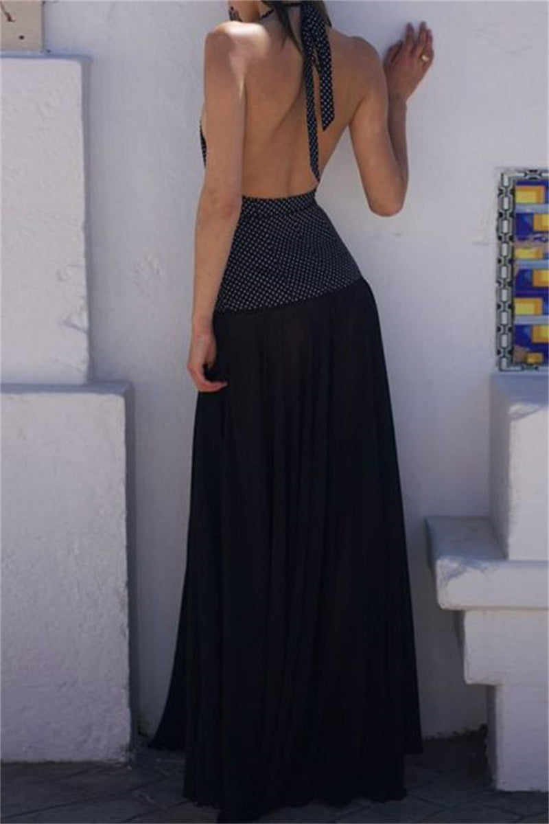 Vestidos largos sexis informales con estampado, espalda descubierta, cinturón y cuello halter