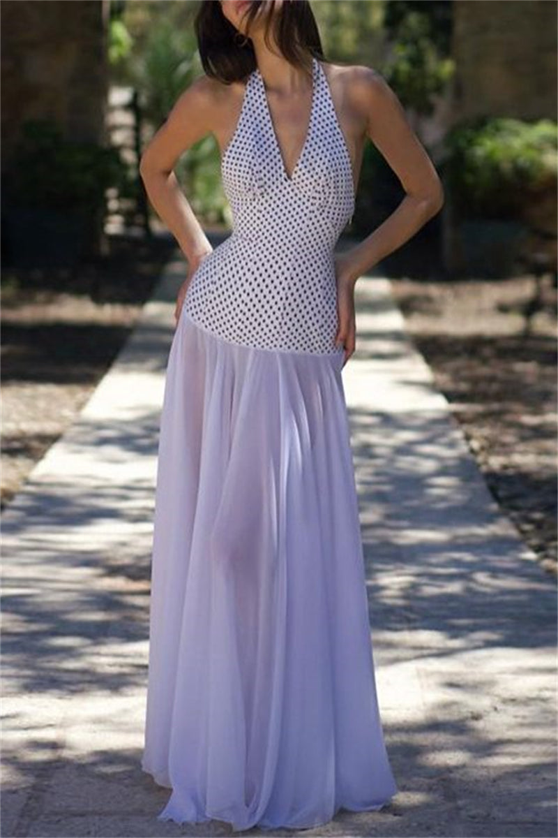 Vestidos largos sexis informales con estampado, espalda descubierta, cinturón y cuello halter