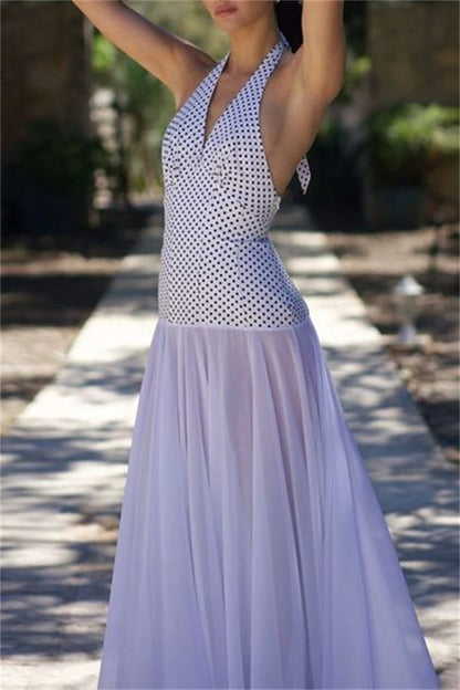 Vestidos largos sexis informales con estampado, espalda descubierta, cinturón y cuello halter