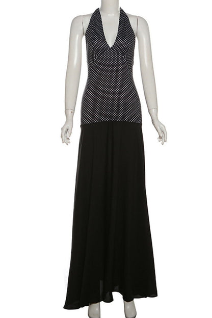 Vestidos largos sexis informales con estampado, espalda descubierta, cinturón y cuello halter