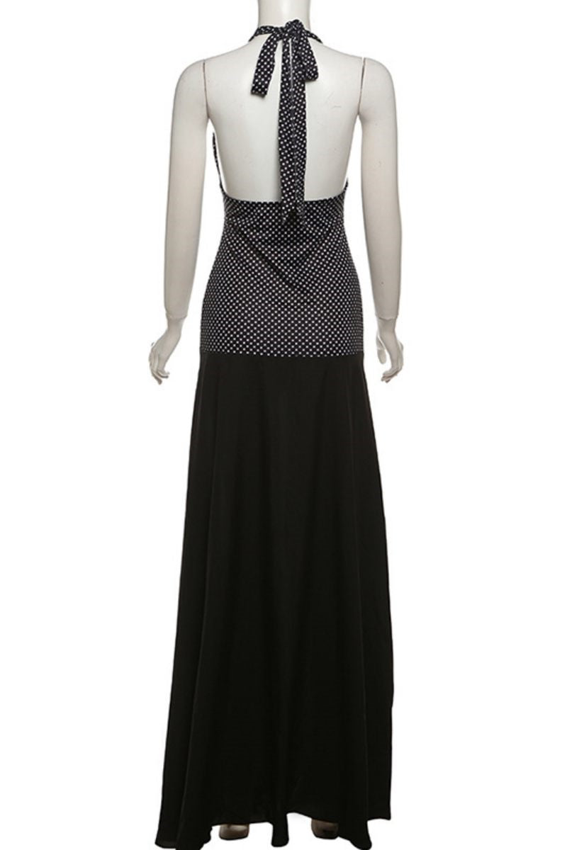 Vestidos largos sexis informales con estampado, espalda descubierta, cinturón y cuello halter