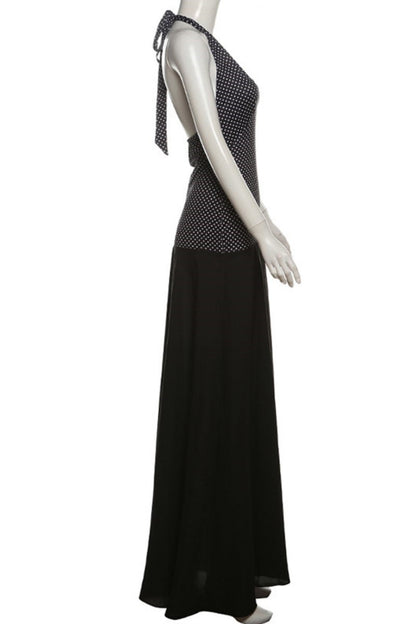 Vestidos largos sexis informales con estampado, espalda descubierta, cinturón y cuello halter