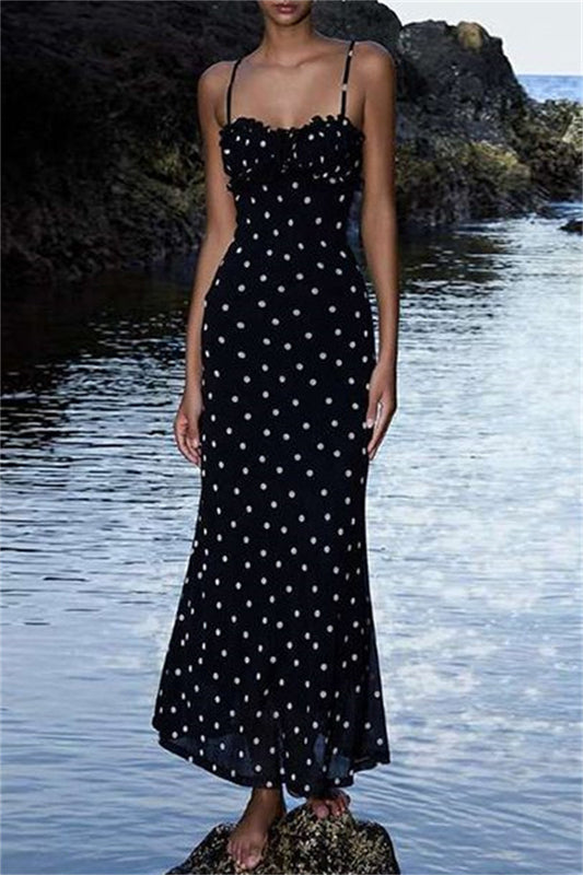 Vestidos largos sexis informales con estampado de lunares, espalda descubierta y tirantes finos