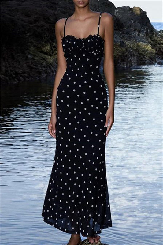 Vestidos largos sexis informales con estampado de lunares, espalda descubierta y tirantes finos
