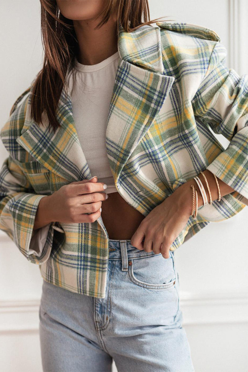 Prenda exterior informal con botones a cuadros y cuello vuelto en contraste (3 colores)