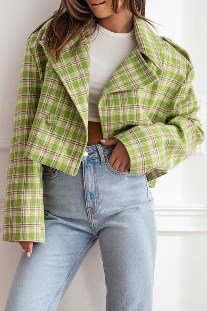 Prenda exterior informal con botones a cuadros y cuello vuelto en contraste (3 colores)