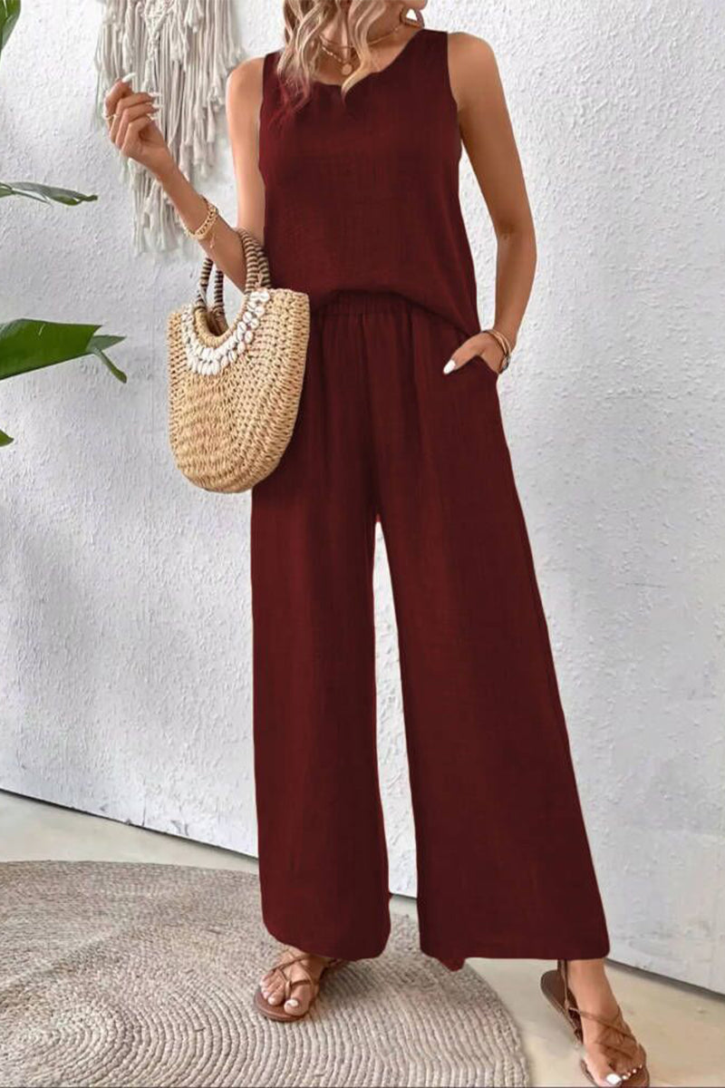 Conjunto informal de dos piezas con cuello redondo, sin mangas, de color liso y encaje calado (6 colores)