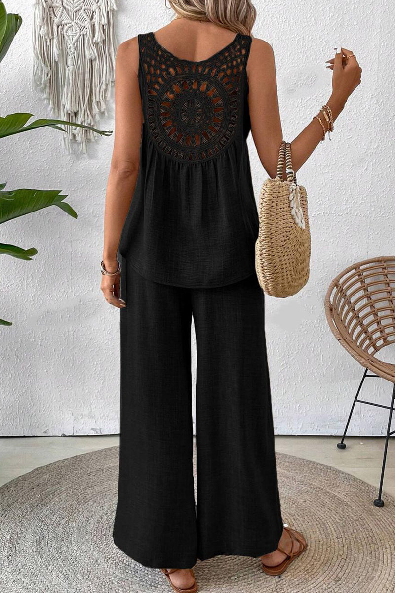 Conjunto informal de dos piezas con cuello redondo, sin mangas, de color liso y encaje calado (6 colores)