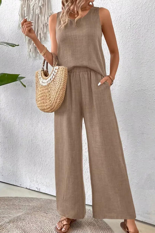 Conjunto informal de dos piezas con cuello redondo, sin mangas, de color liso y encaje calado (6 colores)