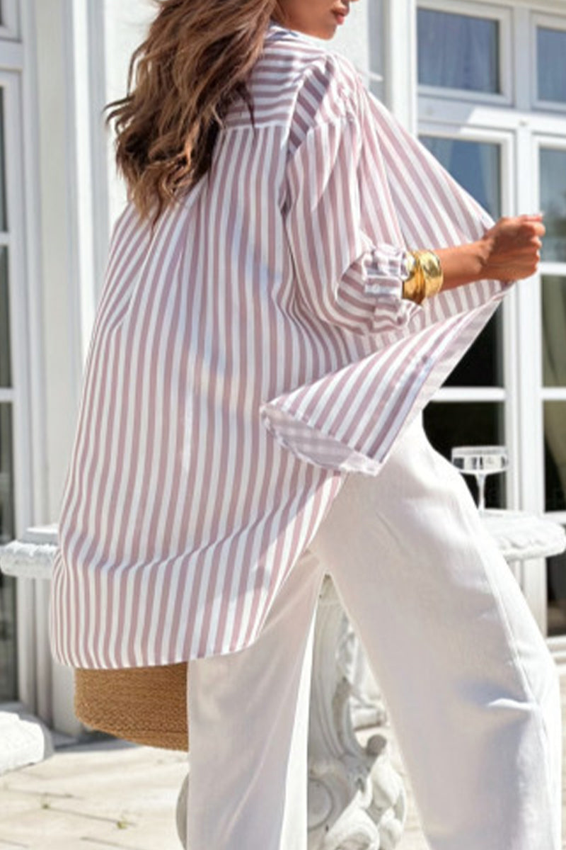 Vestido camisero informal con cuello vuelto, botones y cordones, estampado a rayas (5 colores)