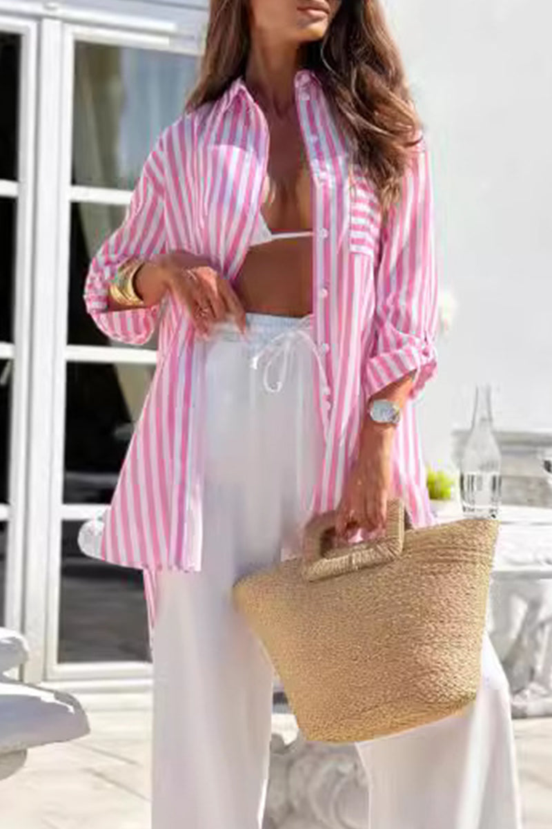 Vestido camisero informal con cuello vuelto, botones y cordones, estampado a rayas (5 colores)