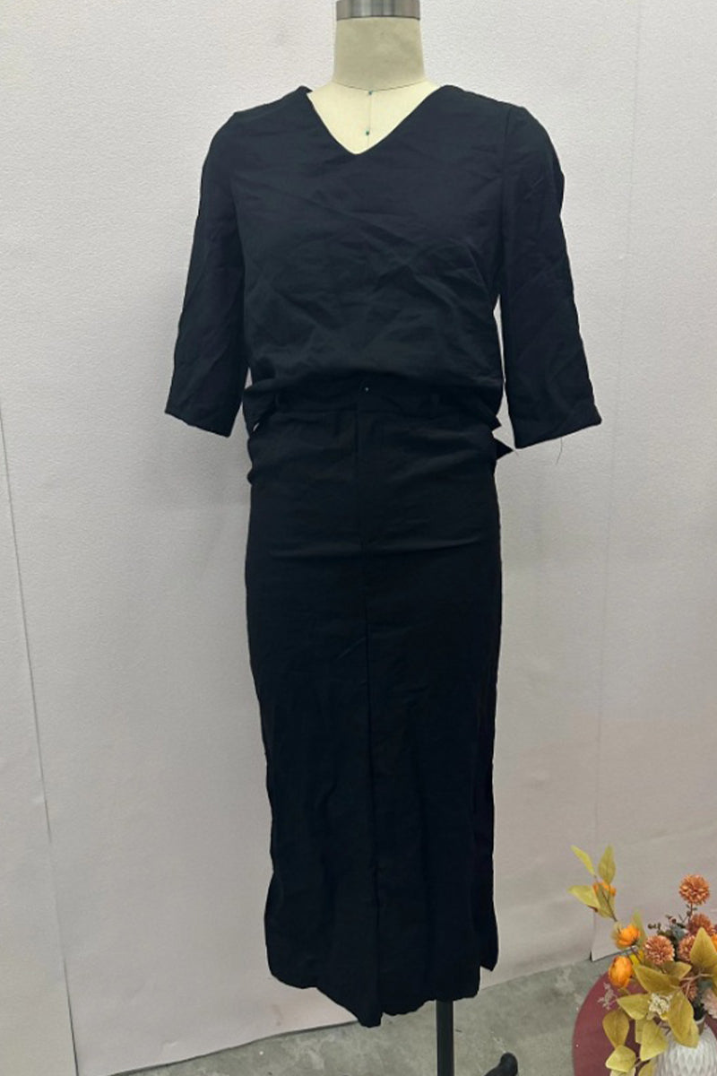 Conjunto de dos piezas tres cuartos con escote en V y botones de color liso elegante para uso diario