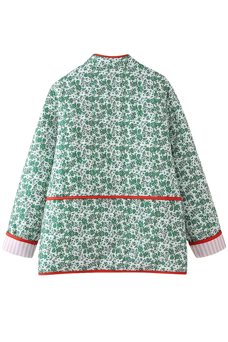 Prenda exterior informal con estampado de flores, bolsillo, patchwork, contraste, cuello redondo