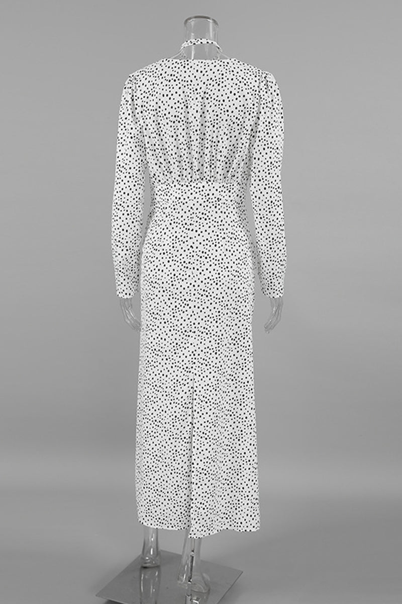 Elegante vestido de falda de un solo paso con escote en V y lunares fruncidos con forma de flor
