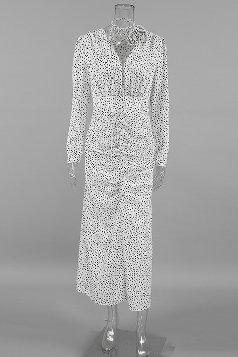 Elegante vestido de falda de un solo paso con escote en V y lunares fruncidos con forma de flor