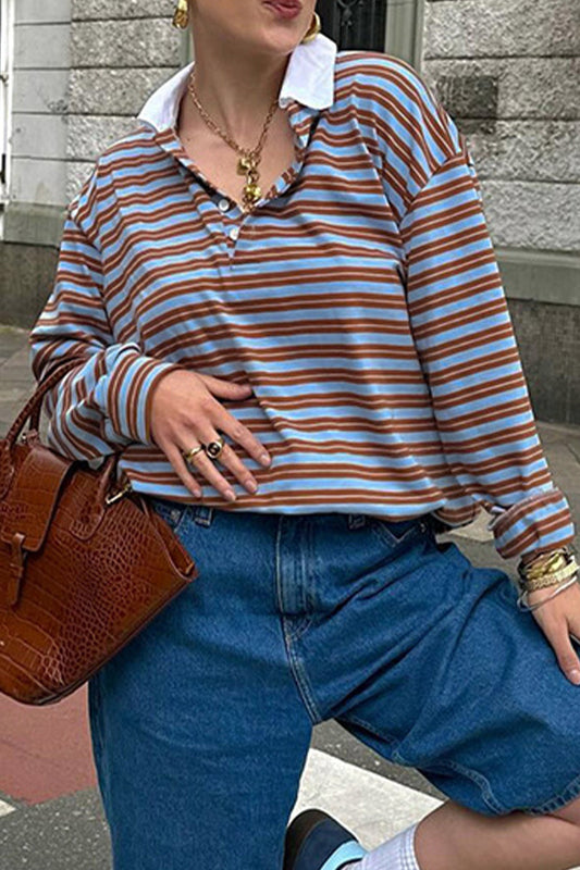 Blusa informal de cuello vuelto con botones y estampado de rayas para uso diario
