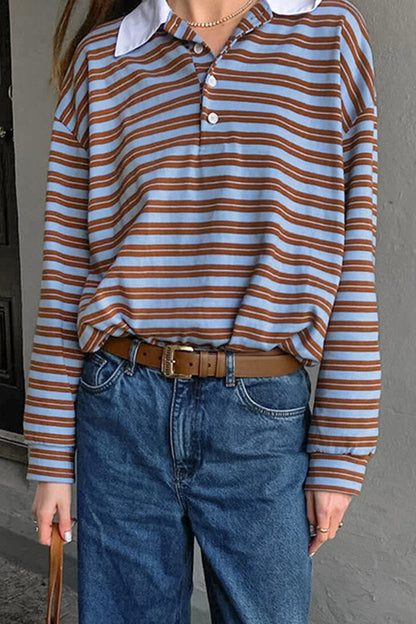 Blusa informal de cuello vuelto con botones y estampado de rayas para uso diario