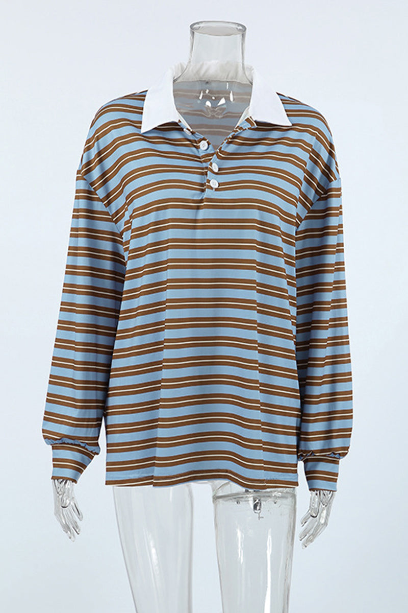 Blusa informal de cuello vuelto con botones y estampado de rayas para uso diario
