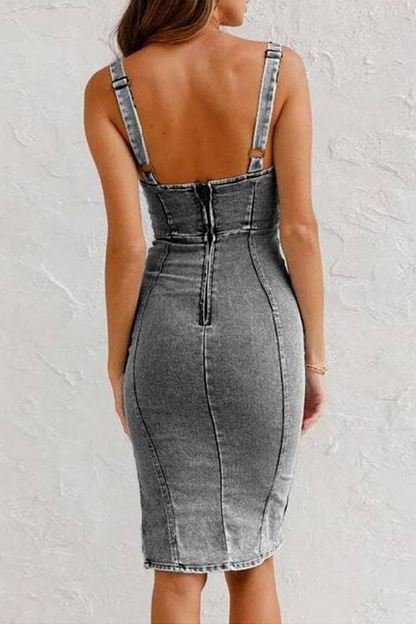 Vestido vaquero ajustado sin mangas con escote en U, abertura y cremallera, color sólido, sexy