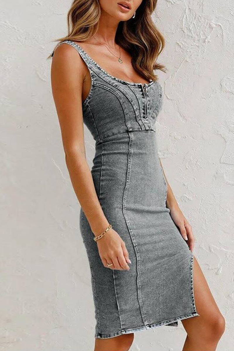 Vestido vaquero ajustado sin mangas con escote en U, abertura y cremallera, color sólido, sexy
