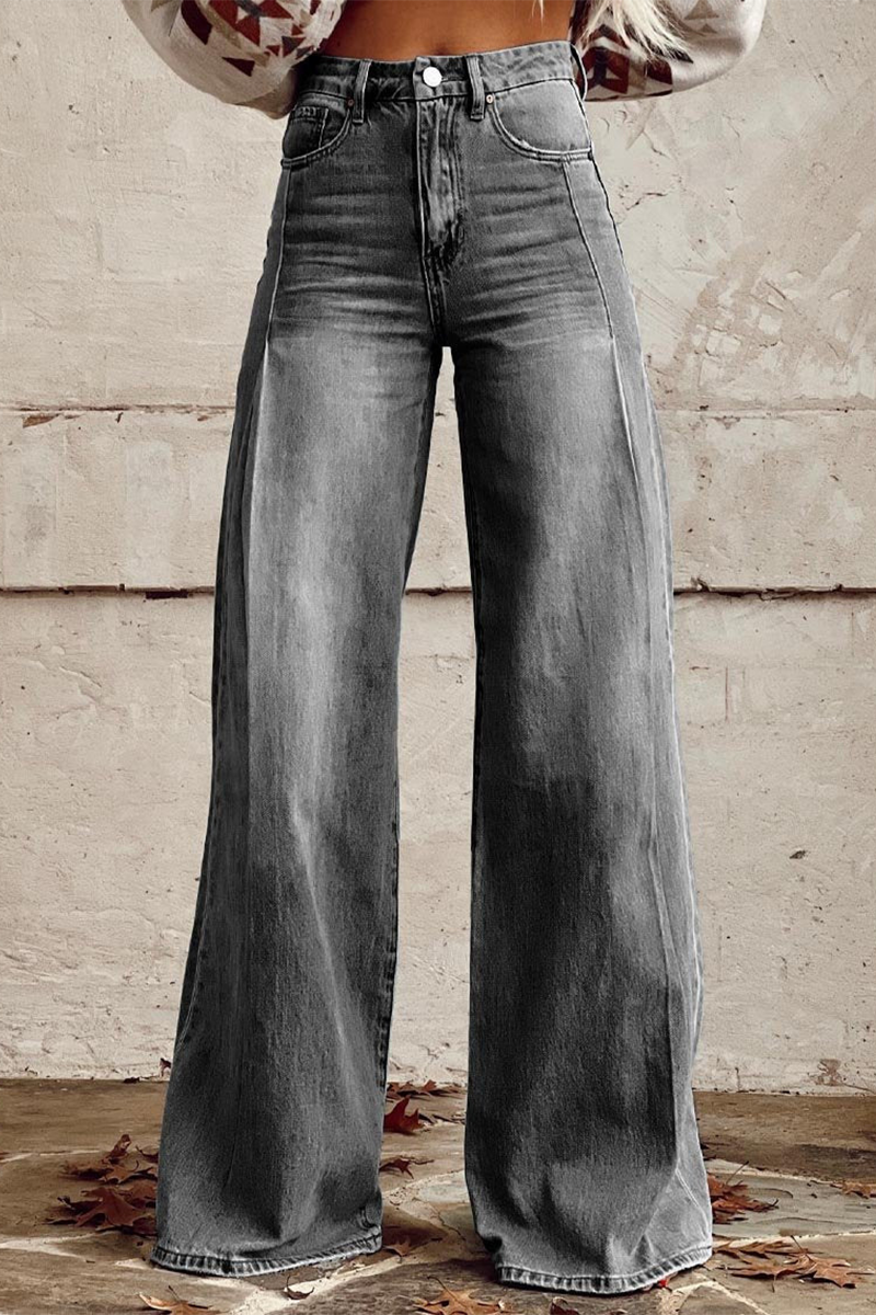 Pantalones casuales de calle de color sólido con botones desgastados, sueltos, de cintura alta y pierna ancha de color sólido