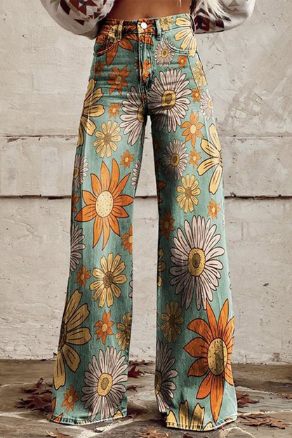 Pantalones casuales de calle con estampado geométrico, estampado animal, flores, botones, contraste, cintura alta, holgados, pierna ancha, estampado completo (10 colores)
