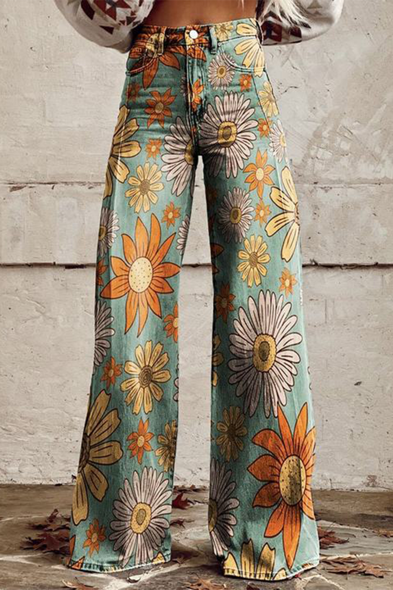 Pantalones casuales de calle con estampado geométrico, estampado animal, flores, botones, contraste, cintura alta, holgados, pierna ancha, estampado completo (4 colores)