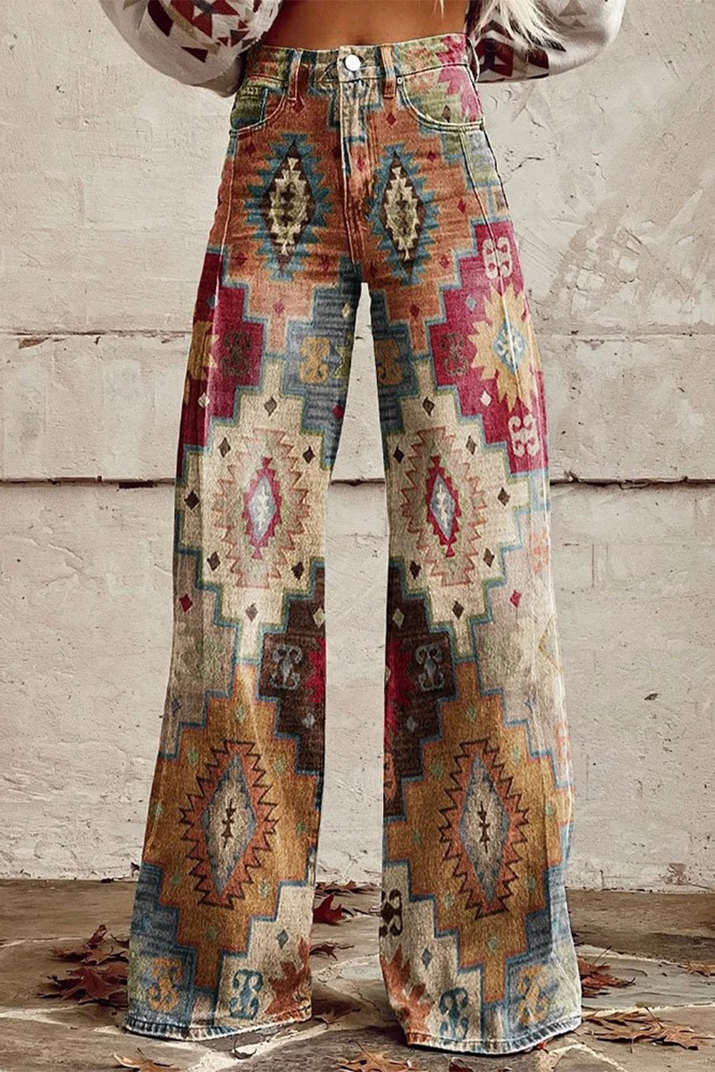 Pantalones casuales de calle con estampado geométrico, estampado animal, flores, botones, contraste, cintura alta, holgados, pierna ancha, estampado completo (10 colores)