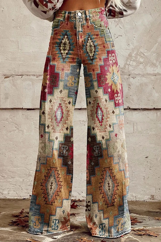 Pantalones casuales de calle con estampado geométrico, estampado animal, flores, botones, contraste, cintura alta, holgados, pierna ancha, estampado completo (4 colores)